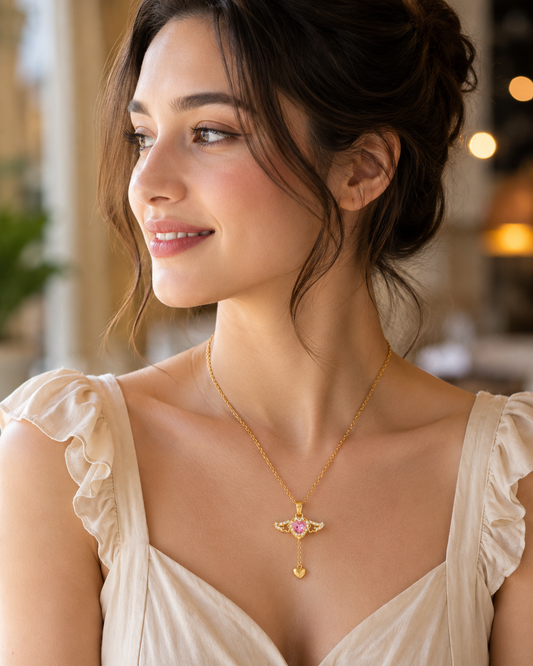 Pink Heart Angel Wing Pendant Necklace