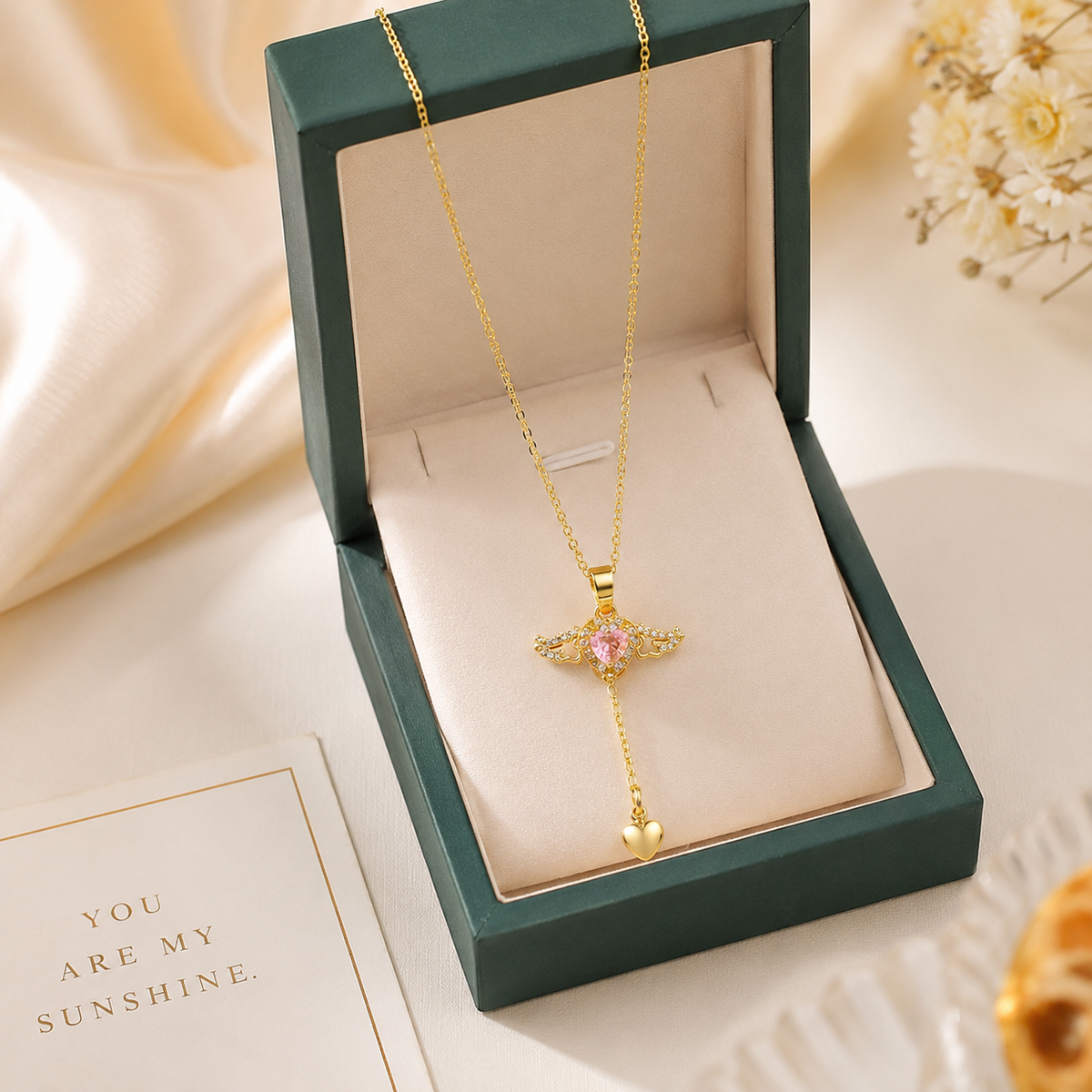 Pink Heart Angel Wing Pendant Necklace