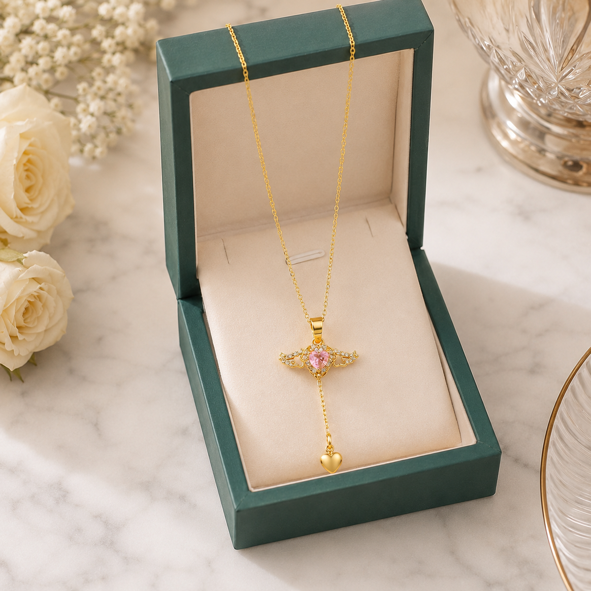 Pink Heart Angel Wing Pendant Necklace