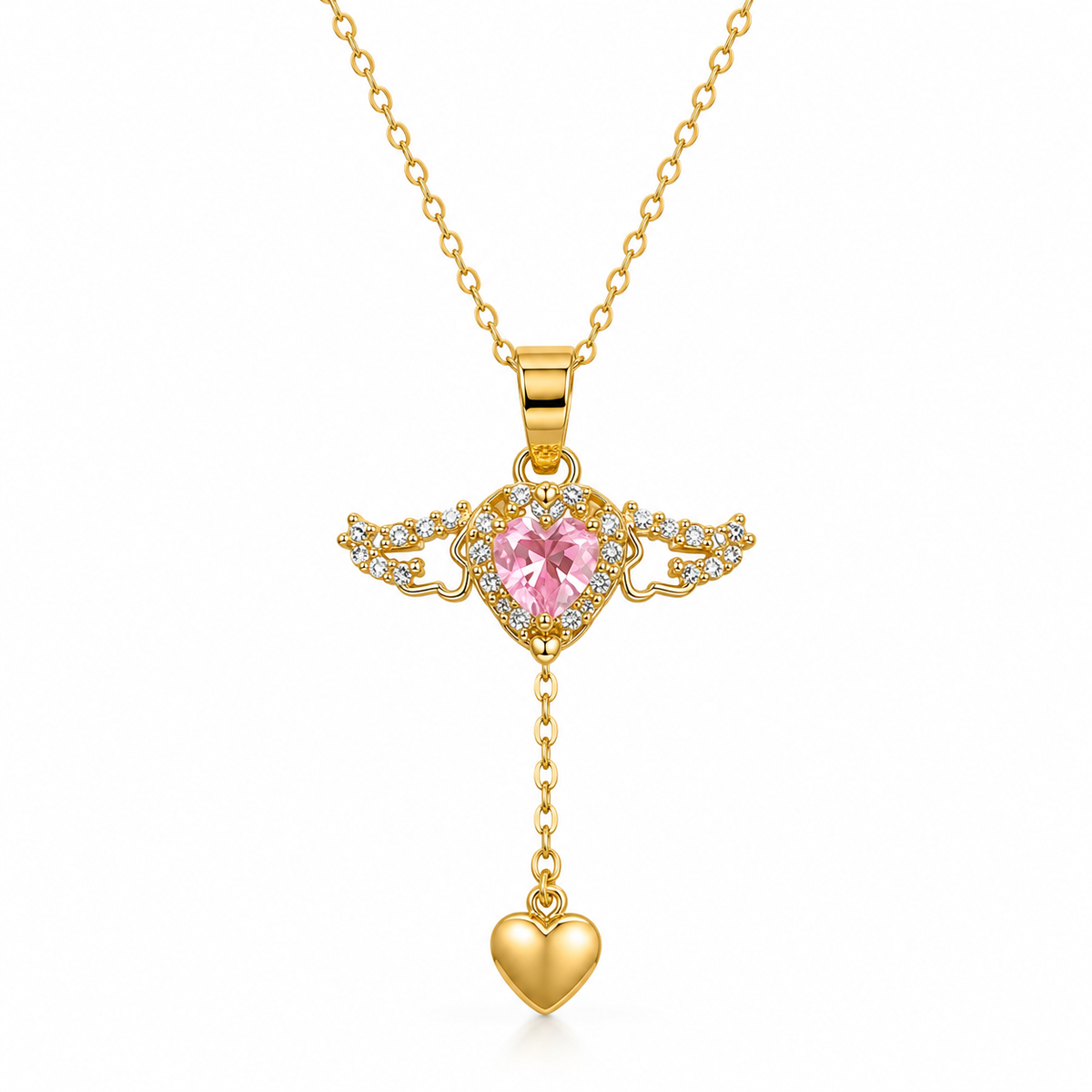 Pink Heart Angel Wing Pendant Necklace