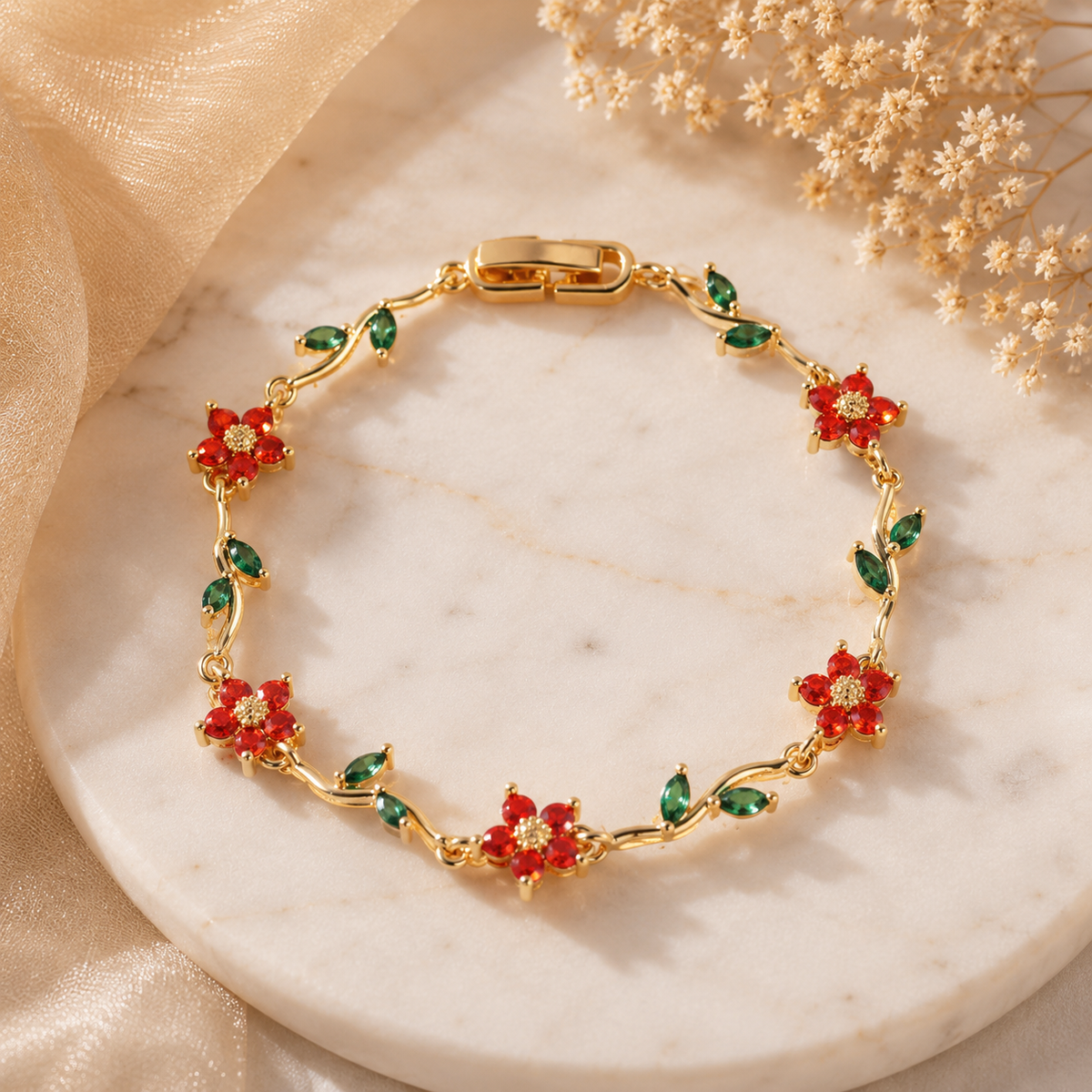Red Floral Green Leaf Bracelet
