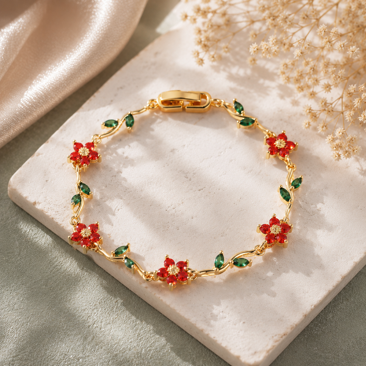 Red Floral Green Leaf Bracelet