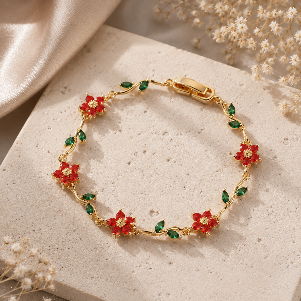 Red Floral Green Leaf Bracelet