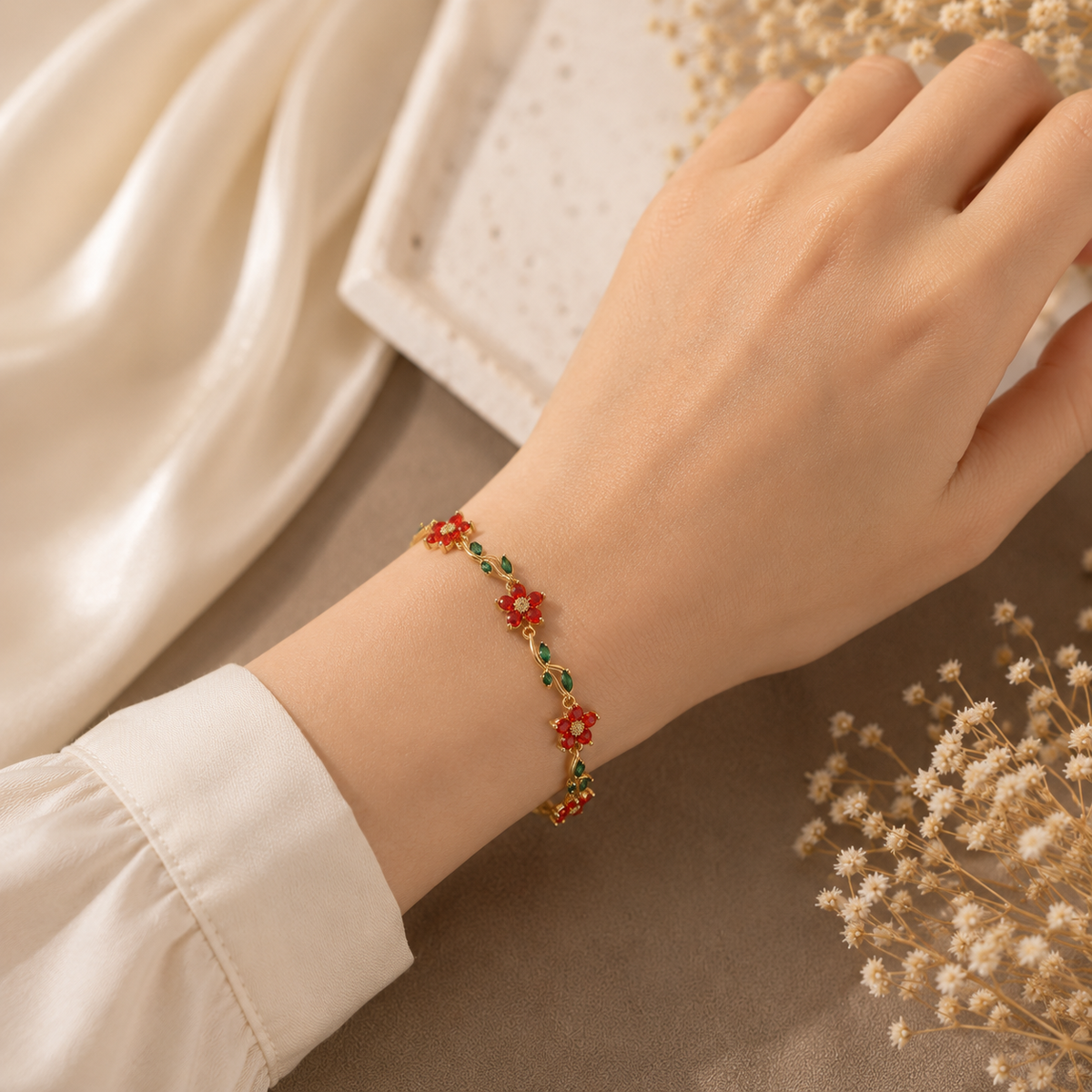 Red Floral Green Leaf Bracelet
