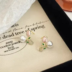 Anti-Tarnish Pearl & Green Stone Tulip Stud Earrings for Women