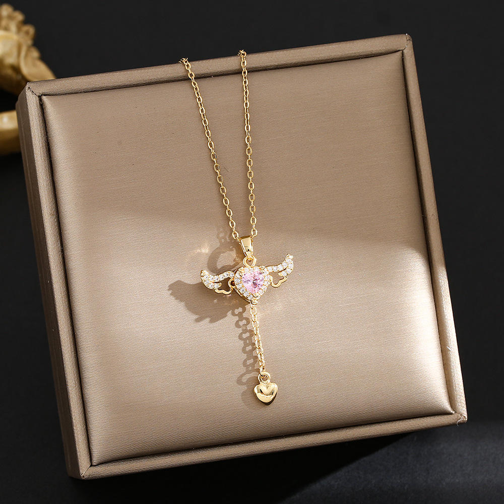 Pink Heart Angel Wing Pendant Necklace