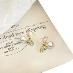 Anti-Tarnish Pearl & Green Stone Tulip Stud Earrings for Women