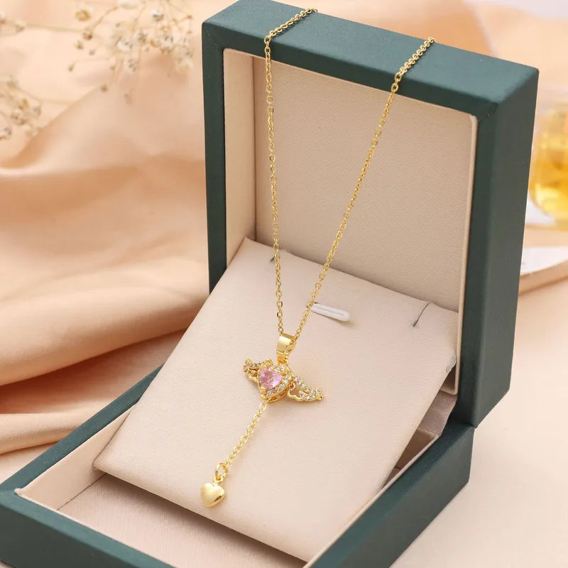 Pink Heart Angel Wing Pendant Necklace