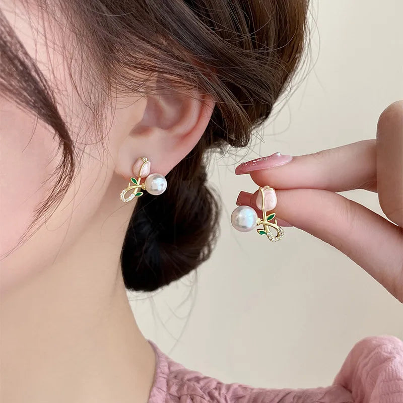 Anti-Tarnish Pearl & Green Stone Tulip Stud Earrings for Women