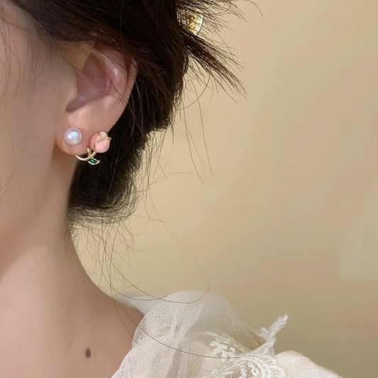 Anti-Tarnish Tulip Pearl Stud Earrings for Women